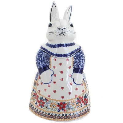 Blue Rose Polish Pottery Red Daisy Rabbit Cookie Jar