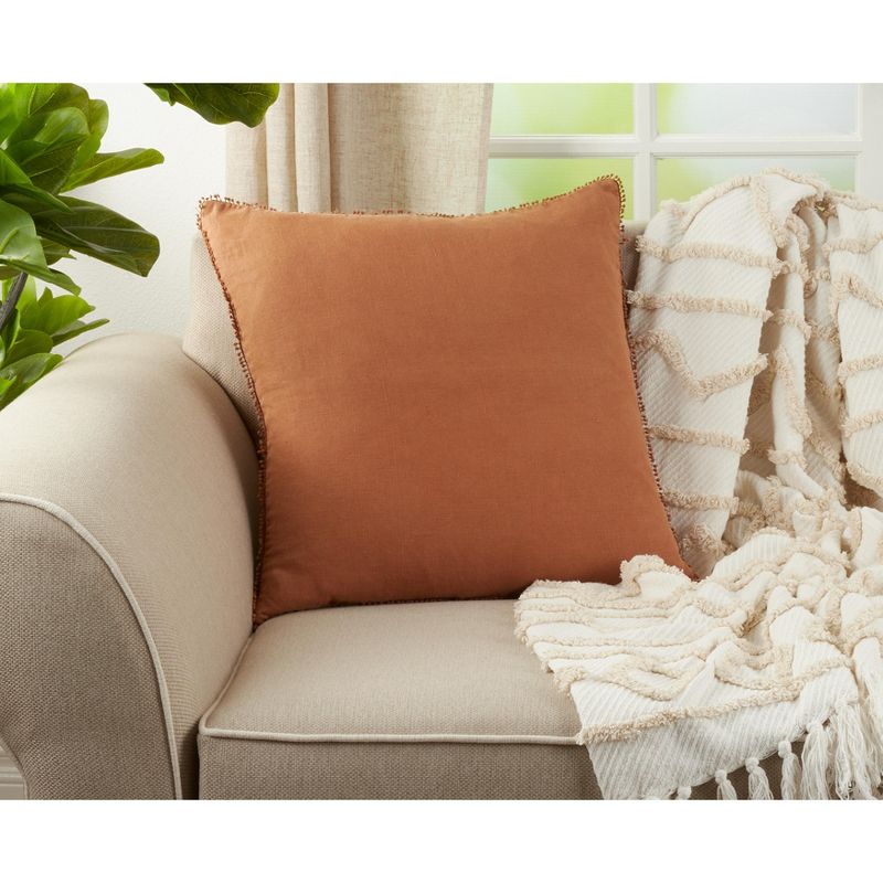 Saro Lifestyle Pom Pom Linen Down-Filled Throw Pillow, Terracotta, 20" x 20", 3 of 4