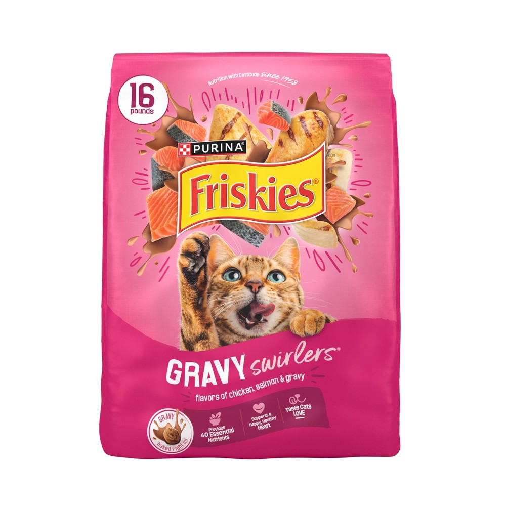 Photos - Dog Food Friskies Purina  Gravy Swirlers with Flavors of Chicken, Salmon & Gravy Adult Complete & Balanced Dry Cat Food - 16lbs 
