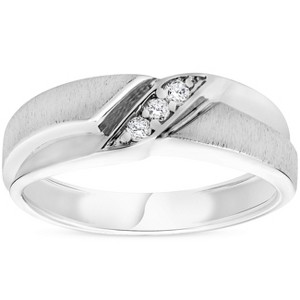 Pompeii3 Mens 1/10ct White Gold Diamond Ring Contour Brushed Three Stone Wedding Band - 1 of 4