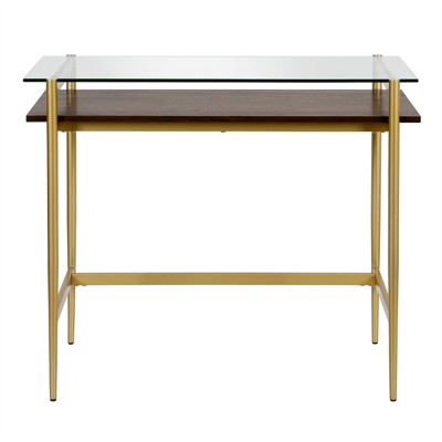 Eaton Mid-Century Brass Desk with Tempered Glass Top and Walnut Shelf