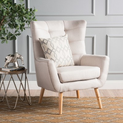 Temescal Wheat Polyester Mid-Century Club Chair with Natural Rubberwood Legs