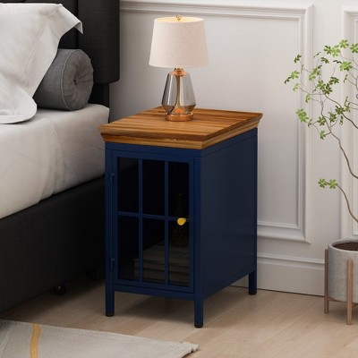 Sofa Side Coffee Table Nightstand with Storage Cabinet and Solid Wood Tabletop for Bedroom Living Room