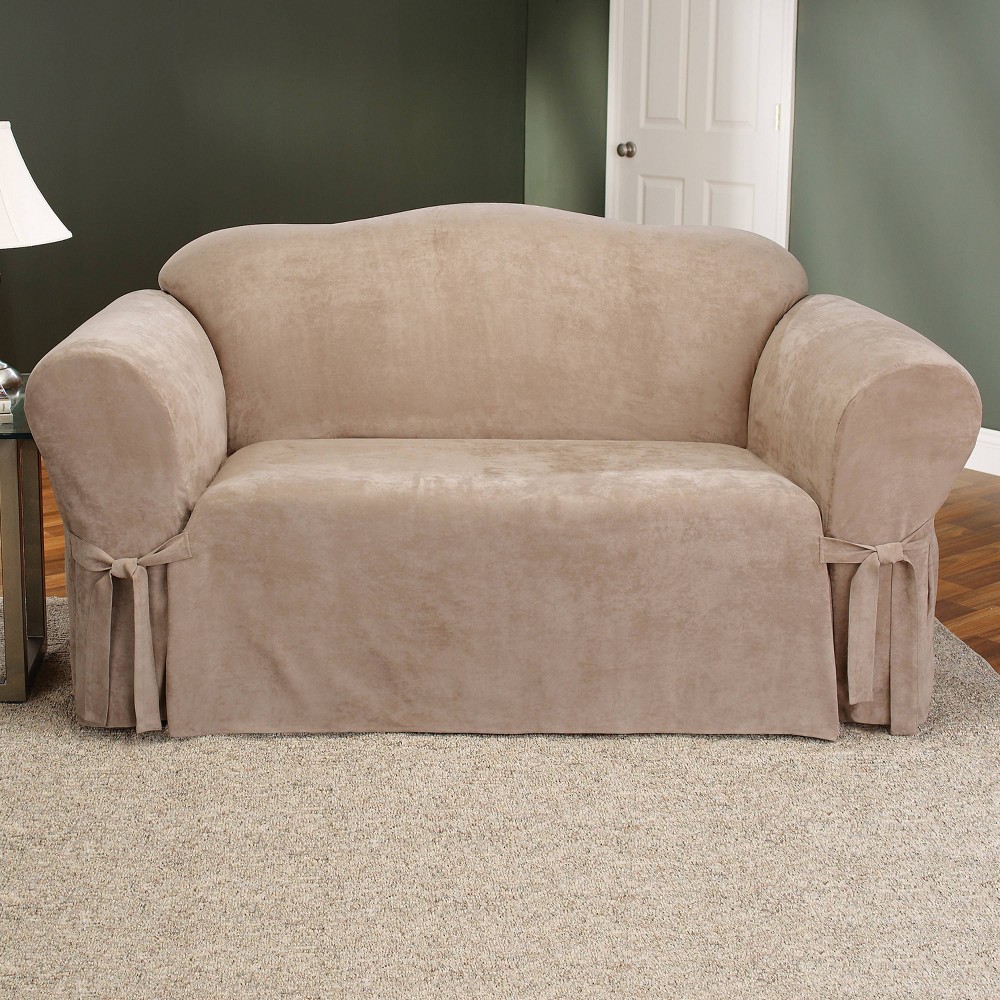 Photos - Pillow Soft Suede Loveseat Slipcover Taupe - Sure Fit