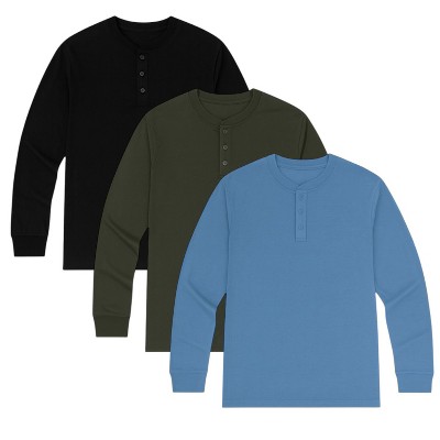 3 Pack Men's Long Sleeve Henley Tees - Multi-Color Value Set | Soft Knit Fabric