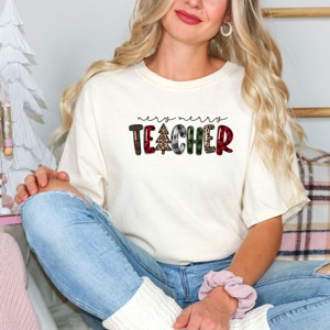 Simply Sage Market Very Merry Teacher Plaid Garment Dyed Tee - 1 of 4