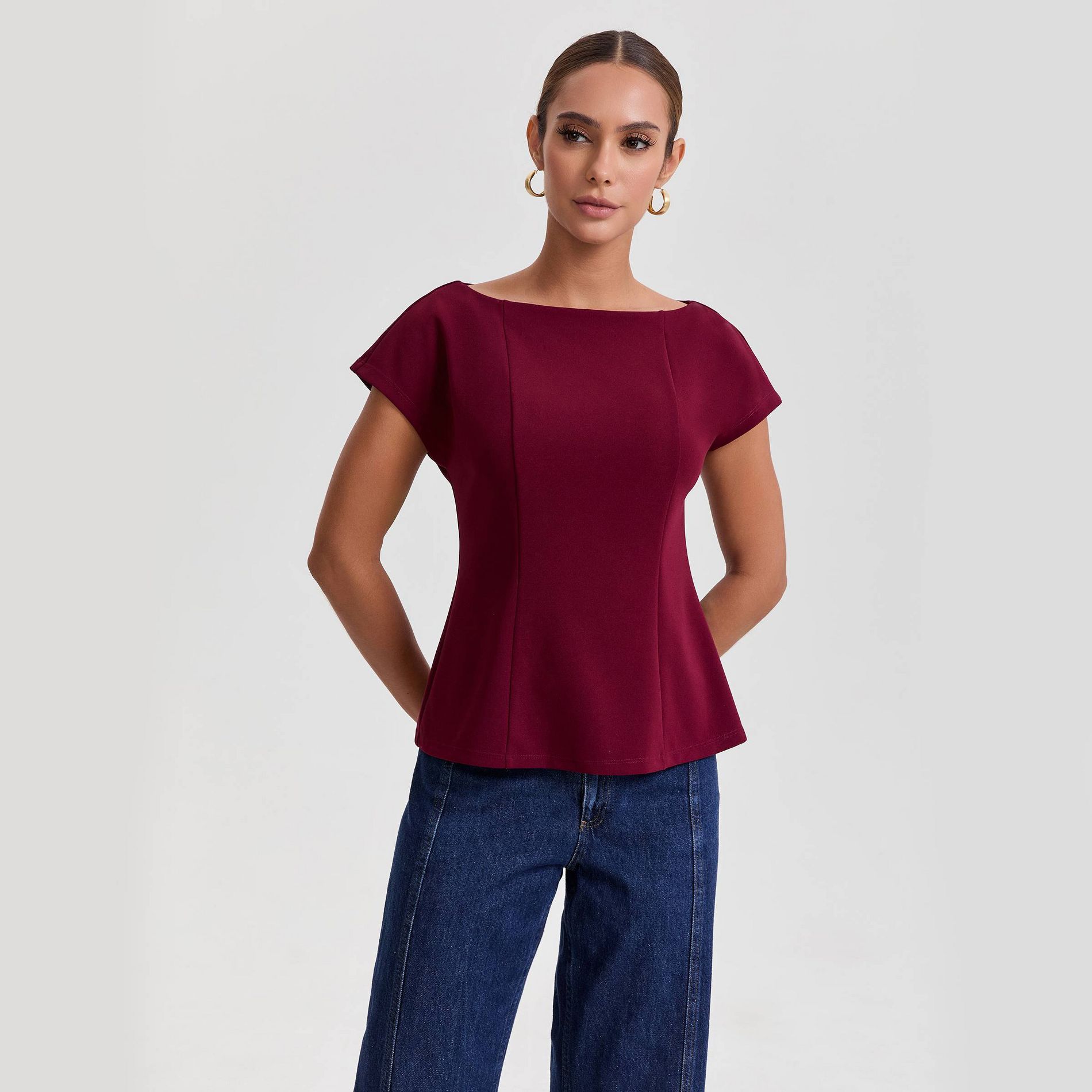 Women's Short Sleeve Waisted Peplum Hem Top - A New Day™ Wine Red