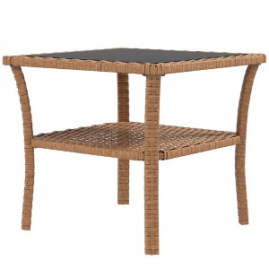 CAVINAS 21.7" Wicker Rattan Woven Patio Side Table,2-Tier Outdoor End Table with Glass Top for Garden,Poolside&Porch,Outdoor Furniture,Black/Brown - 1 of 4