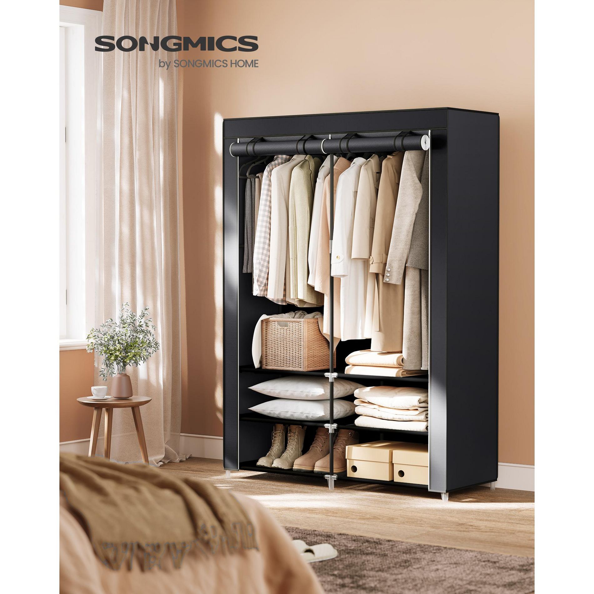 Portable Closet Wardrobe with Shoe Rack and Cover, Closet Storage Organizer, Shelves, and 4 Side Pockets, 50 x 17.7 x 69.3 Inches, Black