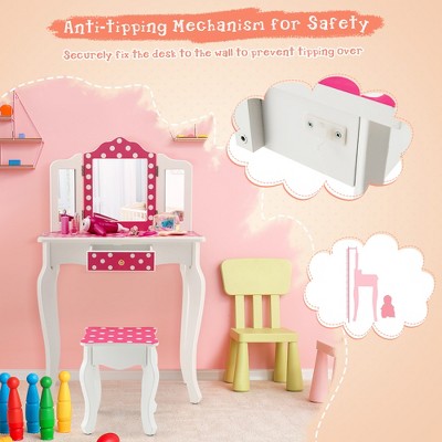 Pink Polka Dot Kids Vanity Set with Tri-Folding Mirror and Stool