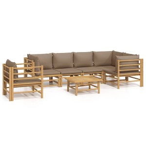vidaXL 7 Piece Patio Lounge Set with Taupe Cushions - Sturdy and Natural Bamboo Design with Practical Table, Comfortable Seating, and Modular Design - 1 of 4