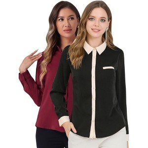 INSPIRE CHIC Women's Contrast Collar Chiffon Long Sleeve Work Office Blouse 2 Packs - 1 of 4