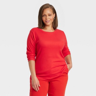 Women's Slim Fit Long Sleeve Ribbed T-Shirt - A New Day™ Red XXL