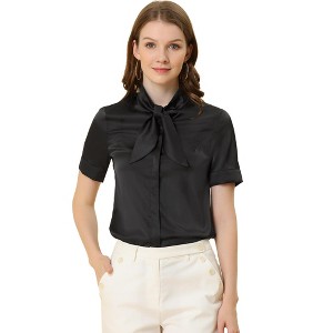 Allegra K Women's Work Tie Neck Short Sleeve Satin Elegant Button Down Shirt - 1 of 4