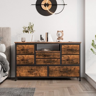 Rustic Brown MDF TV Cabinet with 8 Drawers and LED