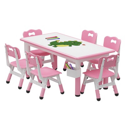 Children's table with 6 chairs, height-adjustable table set for toddlers, tabletop with graffiti motif and non-slip legs for kindergarten classrooms