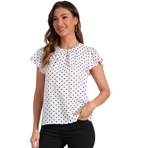 INSPIRE CHIC Women's Polka Dots Puff Sleeve Round Pleated Neck Casual Office Blouse - 1 of 4