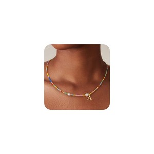 Turandoss Colorful Beaded Necklace for Women Girls, Dainty Gold Initial Pearl Bead Choker Necklace, Cute Birthday Gifts for Girls, 16+2.5Inches, A - 1 of 4