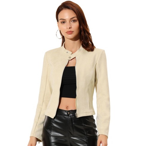 Unique Bargains Women's Faux Suede Stand Collar Zip Up Long Sleeve Moto  Jacket L Pink
