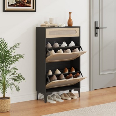Shoe Cabinet, Rattan Shoe Storage With 2 Flip Drawer and 1 Pull-Out Drawer, Heavy Duty Metal Leg