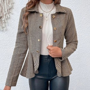 Women's Lapel Collar Jacquard Peplum Blazer, Double - Breasted Slim Fit Office Jacket - 1 of 4