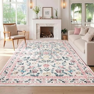 Washable living room rug, with floral decoration and non-slip backing, stain-resistant,  for dining room, bedroom, children's room - 1 of 4