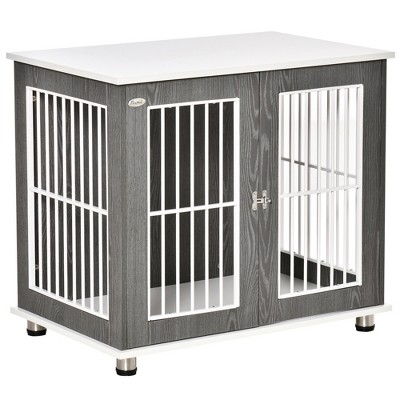 PawHut 34'' 2-in-1 Wooden Dog Kennel, Modern Wire Animal Crate, Pet Cage with Lockable Door and Foot Pads, for Small and Medium Dogs, Gray and White