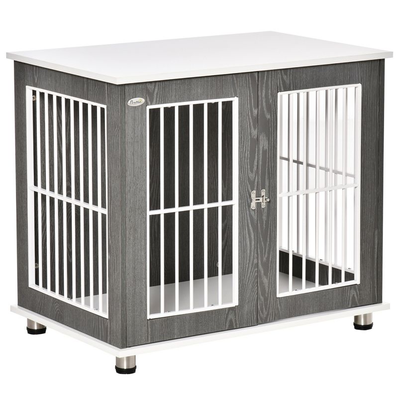 PawHut 34'' 2-in-1 Wooden Dog Kennel, Modern Wire Animal Crate, Pet Cage with Lockable Door and Foot Pads, for Small and Medium Dogs, Gray and White, 1 of 7