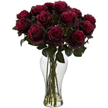 Nearly Natural 18-in Blooming Roses with Vase