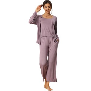 cheibear Women's 3 Pcs Modal Knit Soft Long Sleeve Cardigan Cami and Pants Pajama Set - 1 of 4