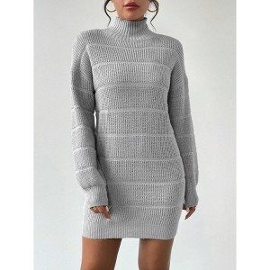 Women's Turtle Neck Bodycon Knit Dress - Long Sleeve Slim Fit Sweater Dress - 1 of 3