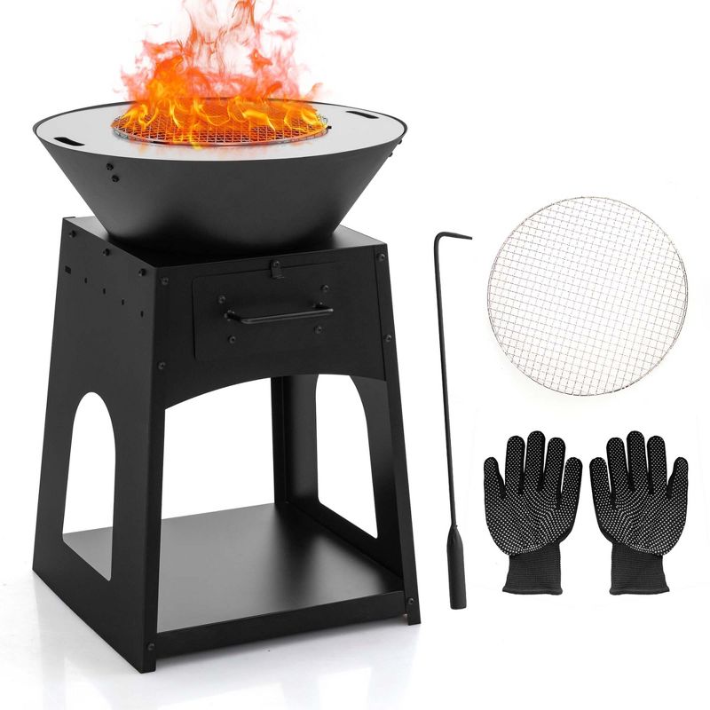 Costway 24" Heavy Duty Fire Pit with firewood rack Fire Poker Gloves Grilling Rack Outdoor, 1 of 10