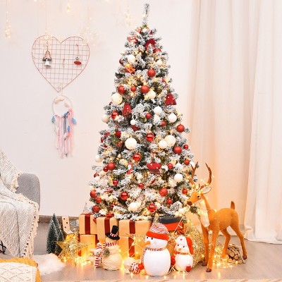 Tangkula Snow Flocked Christmas Tree Hinged Pine Tree with Solid Metal Stand