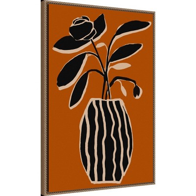 Ochre and Black Abstract Floral Canvas Print with Bronze Frame