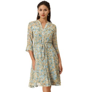 Hobemty Women's V-Neck 3/4 Sleeve Tie Waist Button-Down Floral Chiffon Dress - 1 of 4
