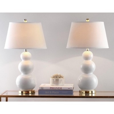 Elegant White Ceramic Gourd Table Lamp Set with Off-White Shade, 28"