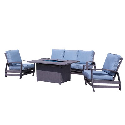 Courtyard Casual Cabo 4 pc Sofa Fire Pit Set  Includes: One Sofa, One Fire Pit and Two Club Chairs  Aluminum Frame with Sunbrella Cushions