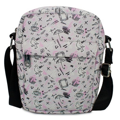 Friends Bag, Crossbody, with Friends Television Show Icons Sketch Collage, Gray, Vegan Leather