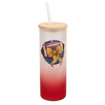Elanze Designs 25 Ounce Frosted Glass Gradient Travel Tumbler With Straw and Wooden Lid, Football With Gold Bow Red