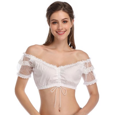 Women's White Off Shoulder Crop Top with Lace Sleeves Adjustable Drawstring Elastic Hem M