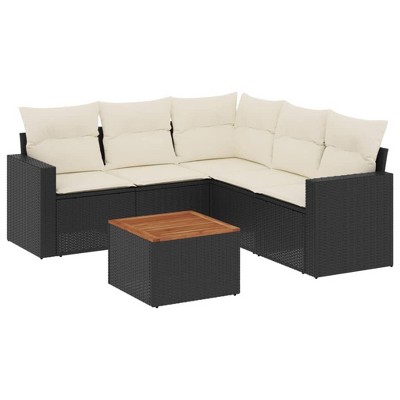 vidaXL 6 Piece Patio Sofa Set with Cushions Black Poly Rattan - Black and Cream Corner + Table + 2x Middle