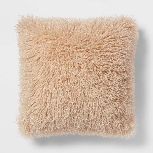 Semolina Textured Faux Fur Square Throw Pillow