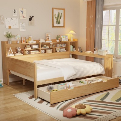 Full Size Wooden Daybed with Built-In Desk, Multi-Functional Frame with Storage Shelves and Drawers, Space-Saving Design-Maison Boucle