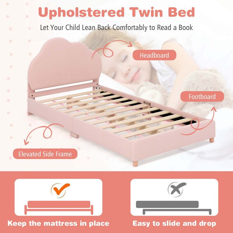 HoneyjoyKids Twin Platform Bed Frame Upholstered Twin Size Bed with Wooden Slats Support, 5 of 9
