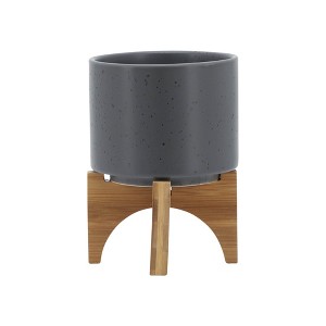 Gulches 5" PLANTER W/ WOOD STAND, MATTE GRAY - 1 of 4