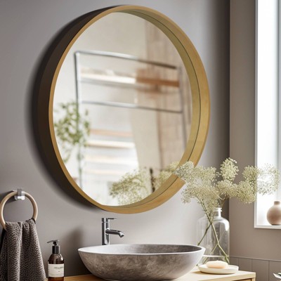 Natural Wood Round Wall Mirror with Silver Accents, 32 Inches
