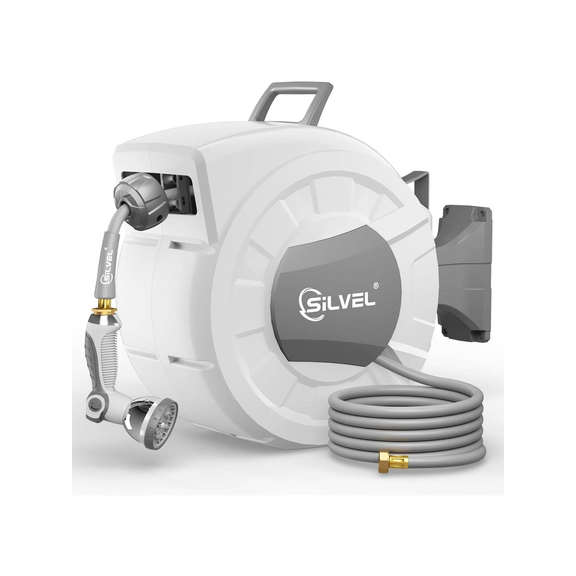 SILVEL Retractable Garden Hose Reel 1/2 in x 100 FT Wall Mount Heavy Duty Hose Reel with 10 Pattern Nozzle Slow Return Auto Rewind System