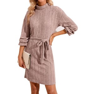 Women Mock Turtleneck Long Lantern Sleeve Self Tie Rib-Knit Dress Casual Loose Winter Pullover Sweater Dresses - 1 of 4