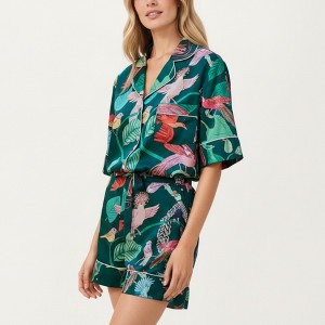 Anna-Kaci Lounge Women's Tropical Bird Print Satin Pajama Set with Short Sleeve Button-Up Top and Relaxed Fit Elastic Waist Shorts - 1 of 4