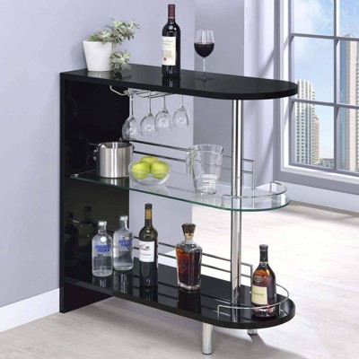 Contemporary Glossy Black Glass-Top Bar Table with Stemware Storage